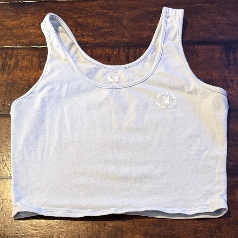 Playboy Light Blue Medium White Logo Crop Tank Top